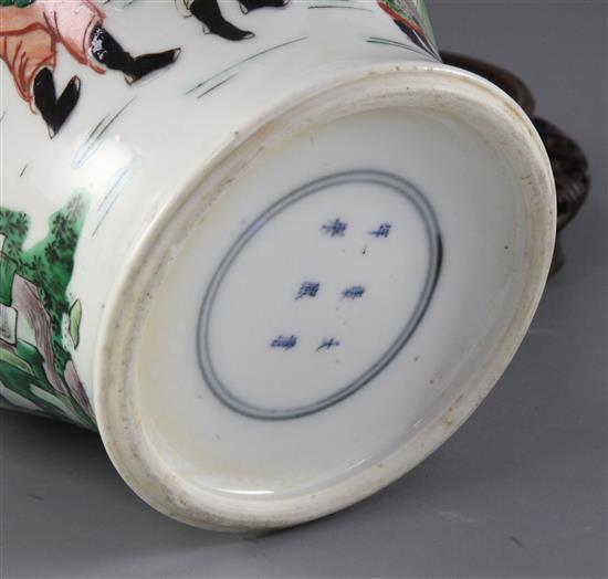 A Chinese famille verte baluster jar, wood cover and stand, 19th century, Kangxi mark, total height including cover and stand, 34cm